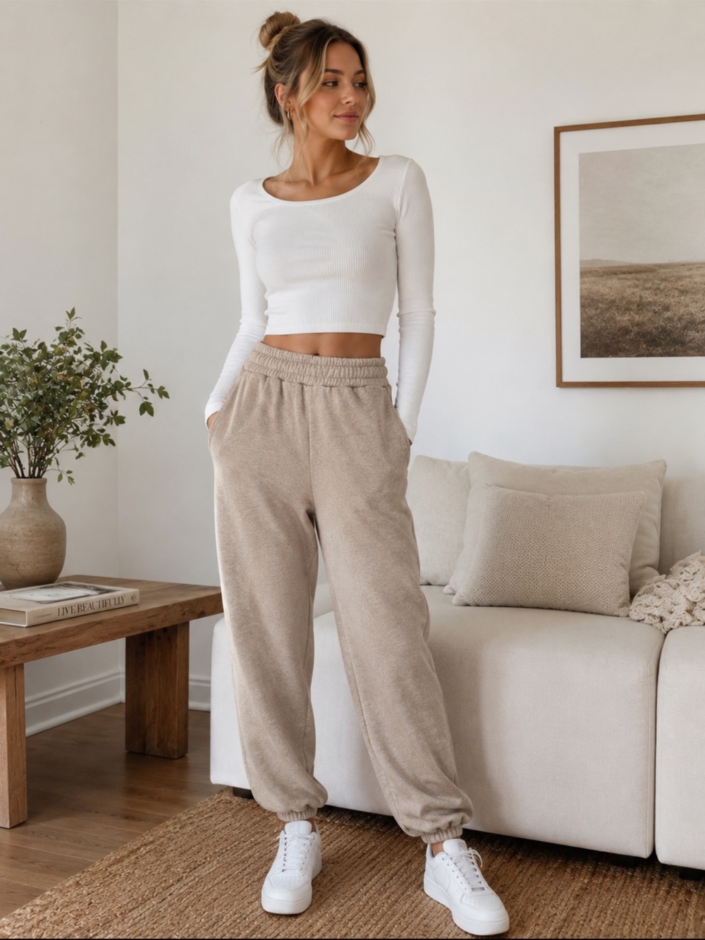 Zara Beige Oversized Jogger Sweatpants Large Neutral Lounge Athleisure - Picture 2 of 6